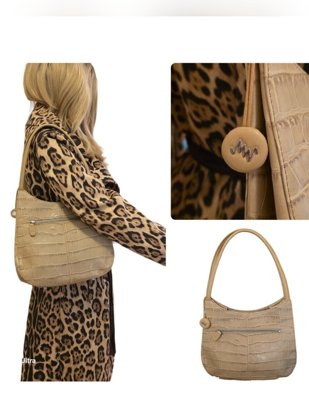 MONSAC Vintage Cream Beige Croc Embossed Leather Y2K Shoulder Bag EUC